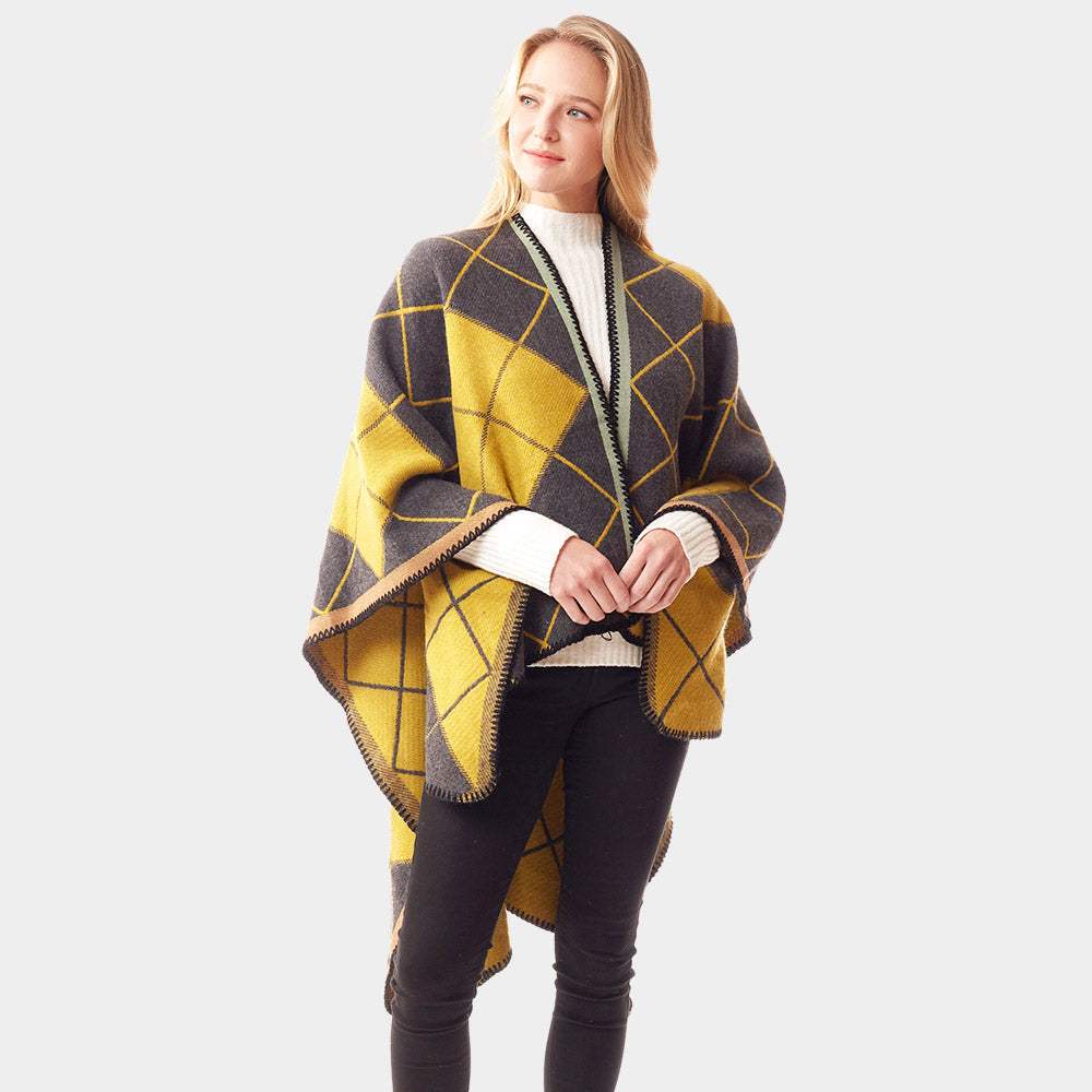 Plaid Check Patterned Stitch Ruana Poncho - Madeline Love - Flyclothing LLC