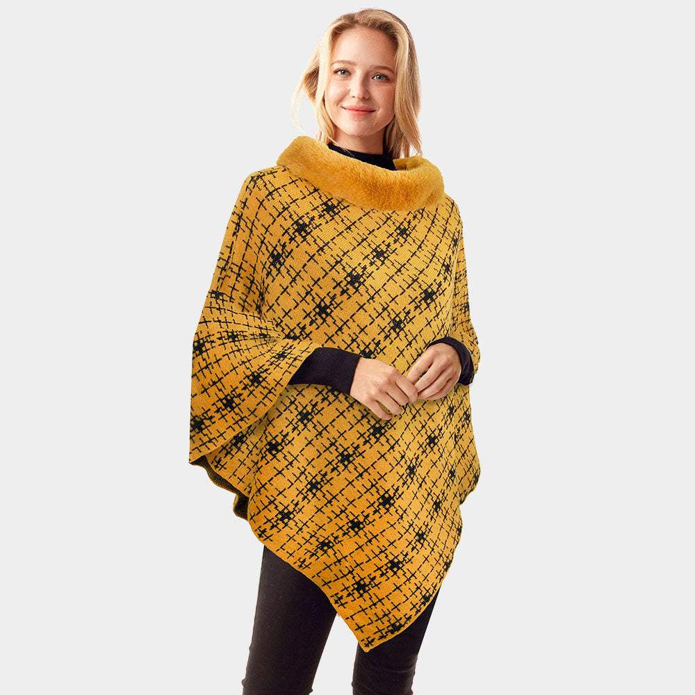 Patterned Faux Fur Collar Poncho - Madeline Love - Flyclothing LLC
