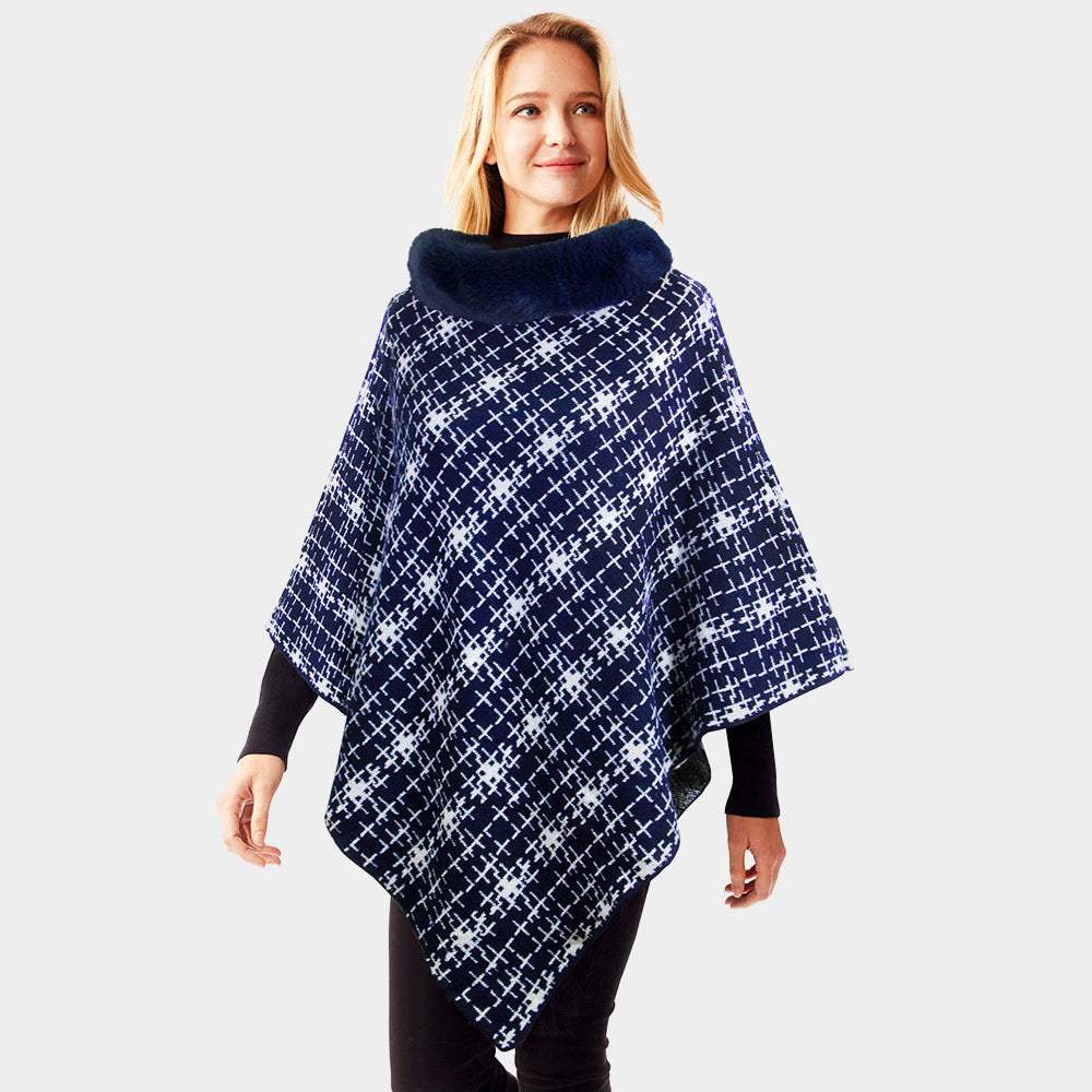 Patterned Faux Fur Collar Poncho - Madeline Love - Flyclothing LLC