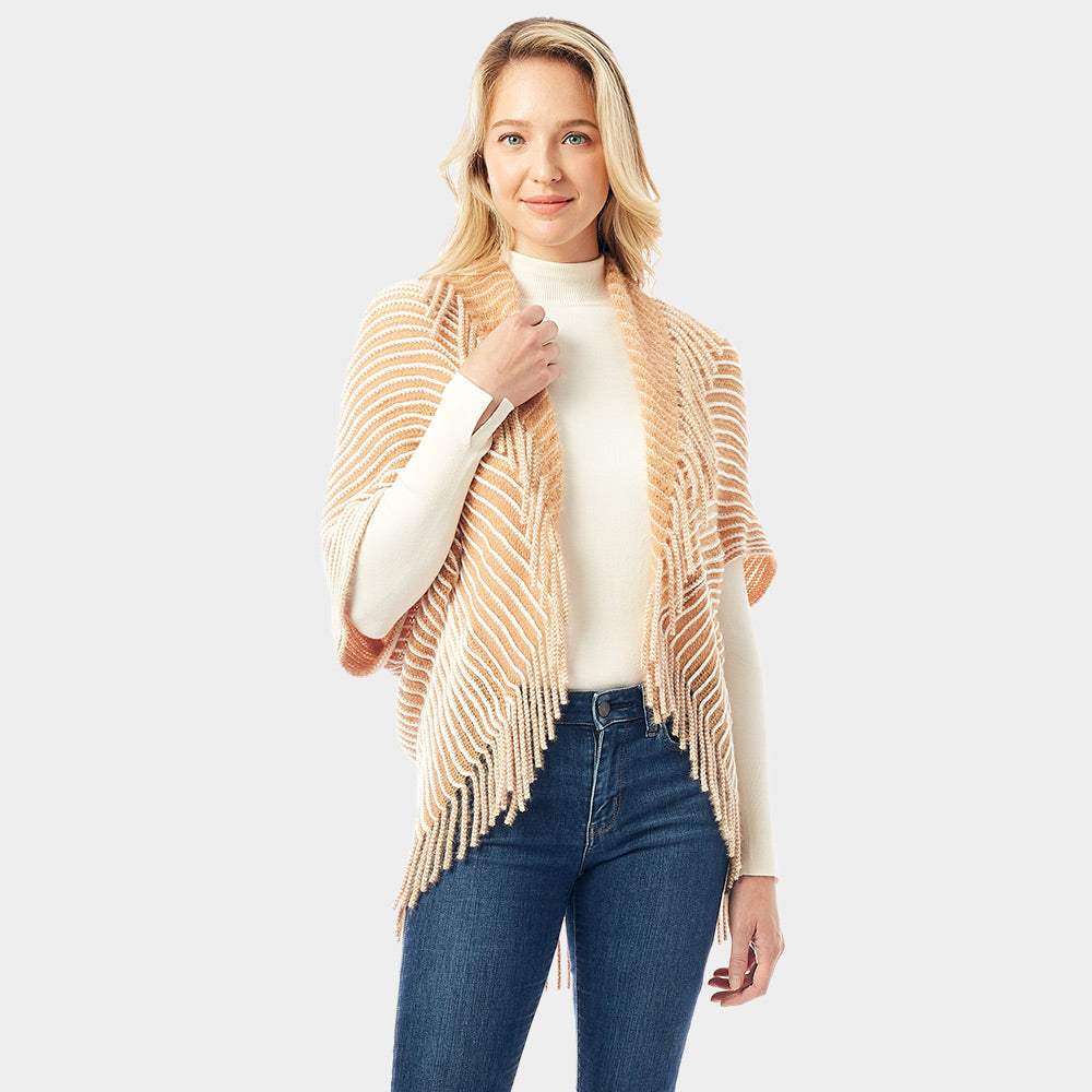 Striped Chenille Shrug With Fringe - Madeline Love - Flyclothing LLC