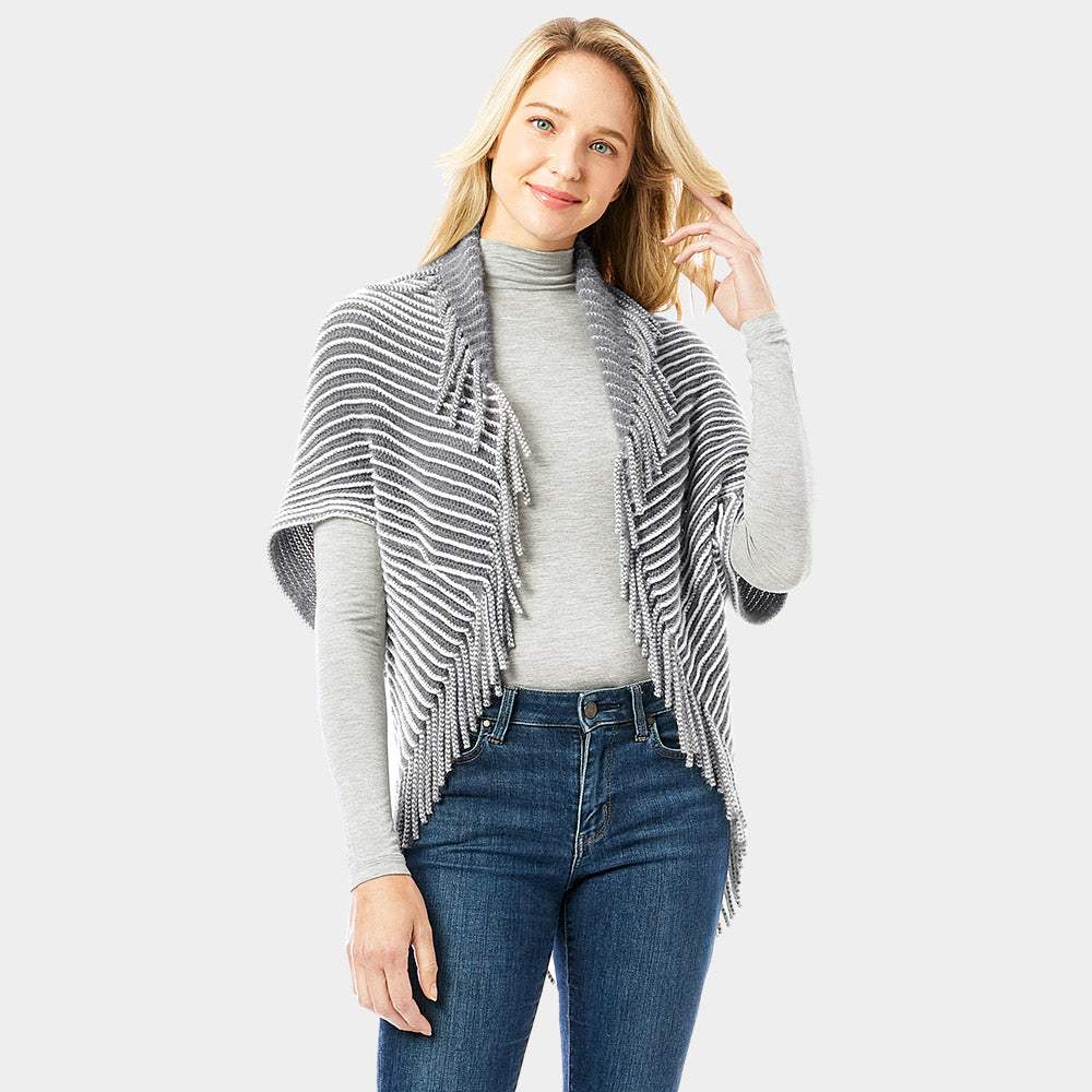Striped Chenille Shrug With Fringe - Madeline Love - Flyclothing LLC