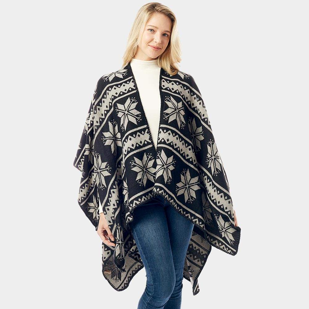 Reversible Snowflake Pattern Ruana Poncho - Madeline Love - Flyclothing LLC