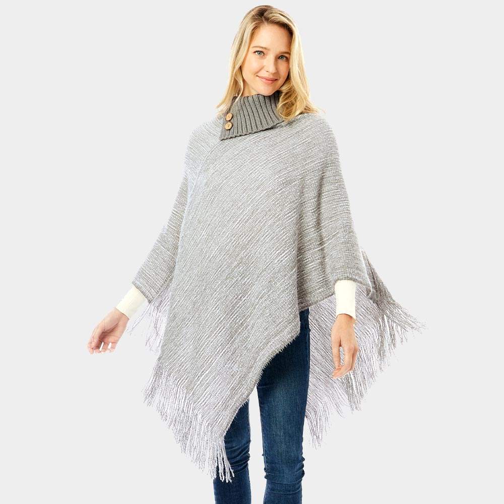 Button Collar Pointed Knitted Foldover Neck Poncho - Madeline Love - Flyclothing LLC