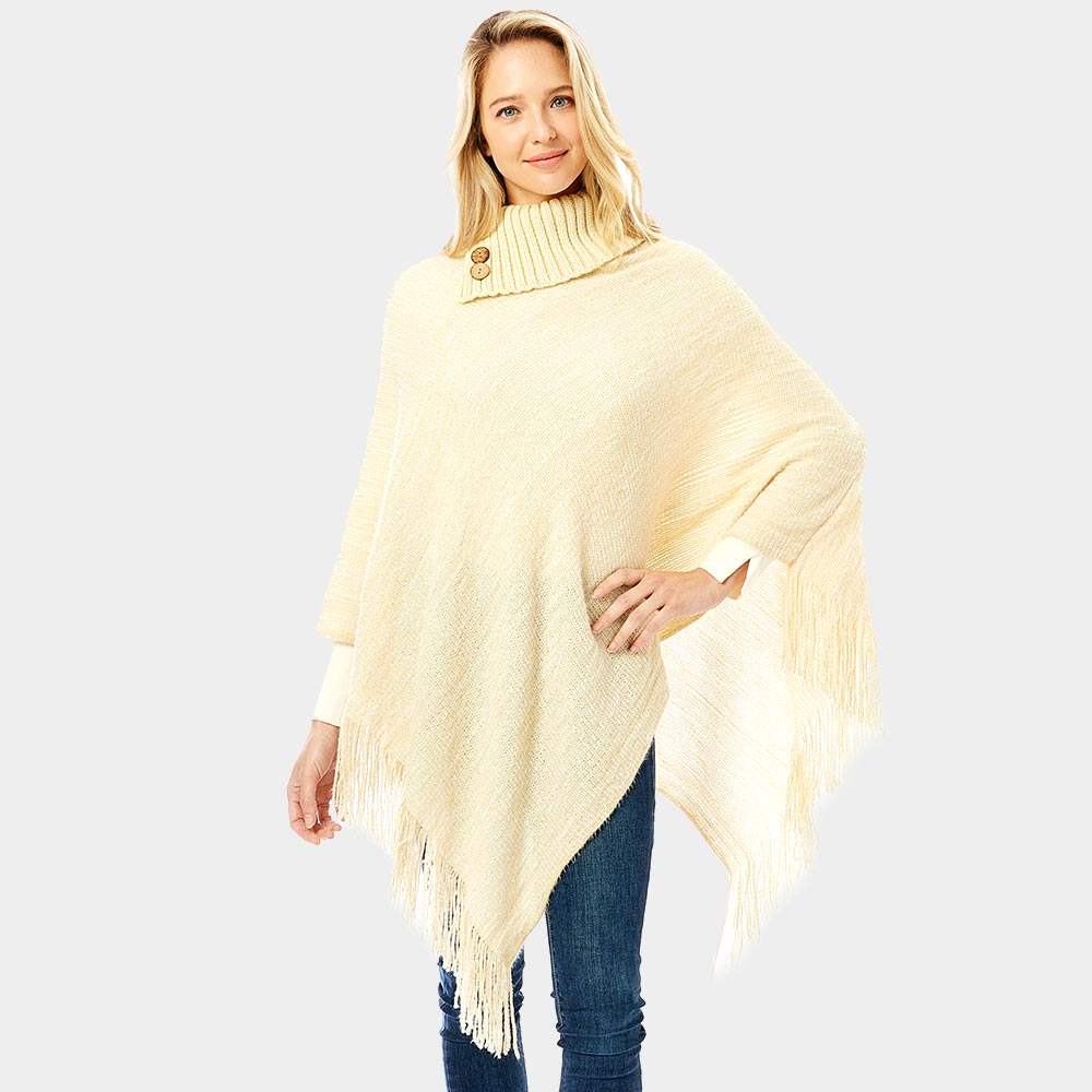Button Collar Pointed Knitted Foldover Neck Poncho - Madeline Love - Flyclothing LLC