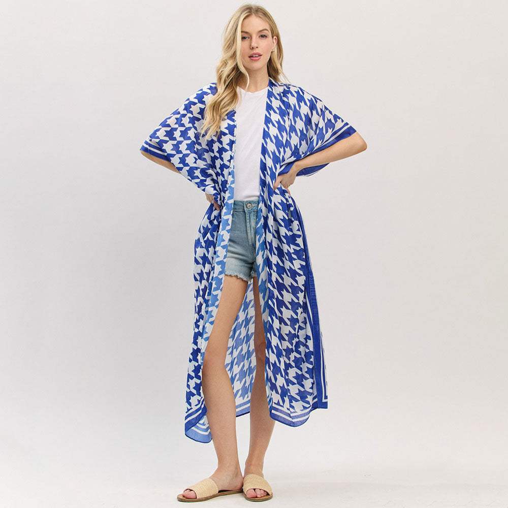 Houndstooth Print Open Front Long Kimono Poncho - Madeline Love - Flyclothing LLC
