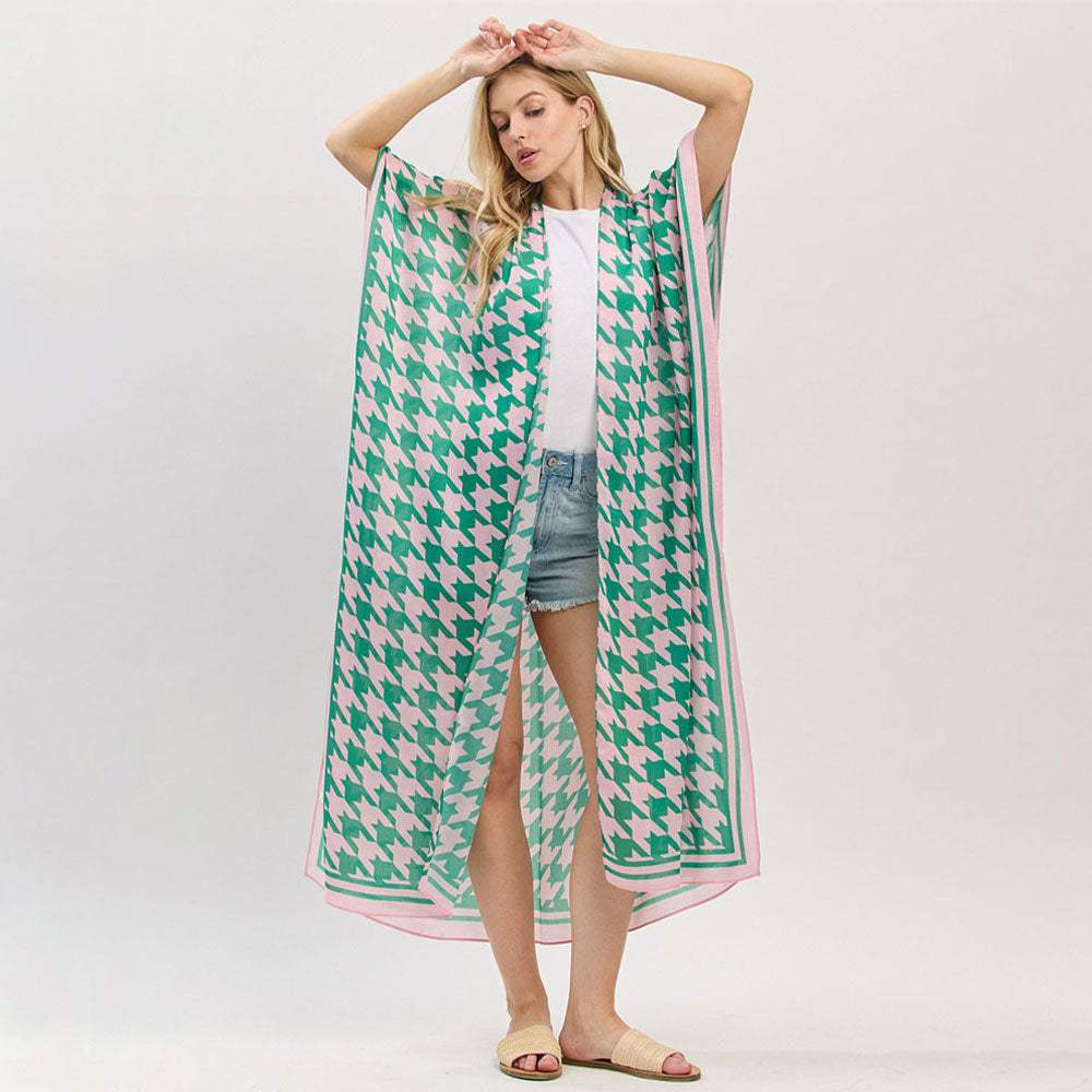Houndstooth Print Open Front Long Kimono Poncho - Madeline Love - Flyclothing LLC