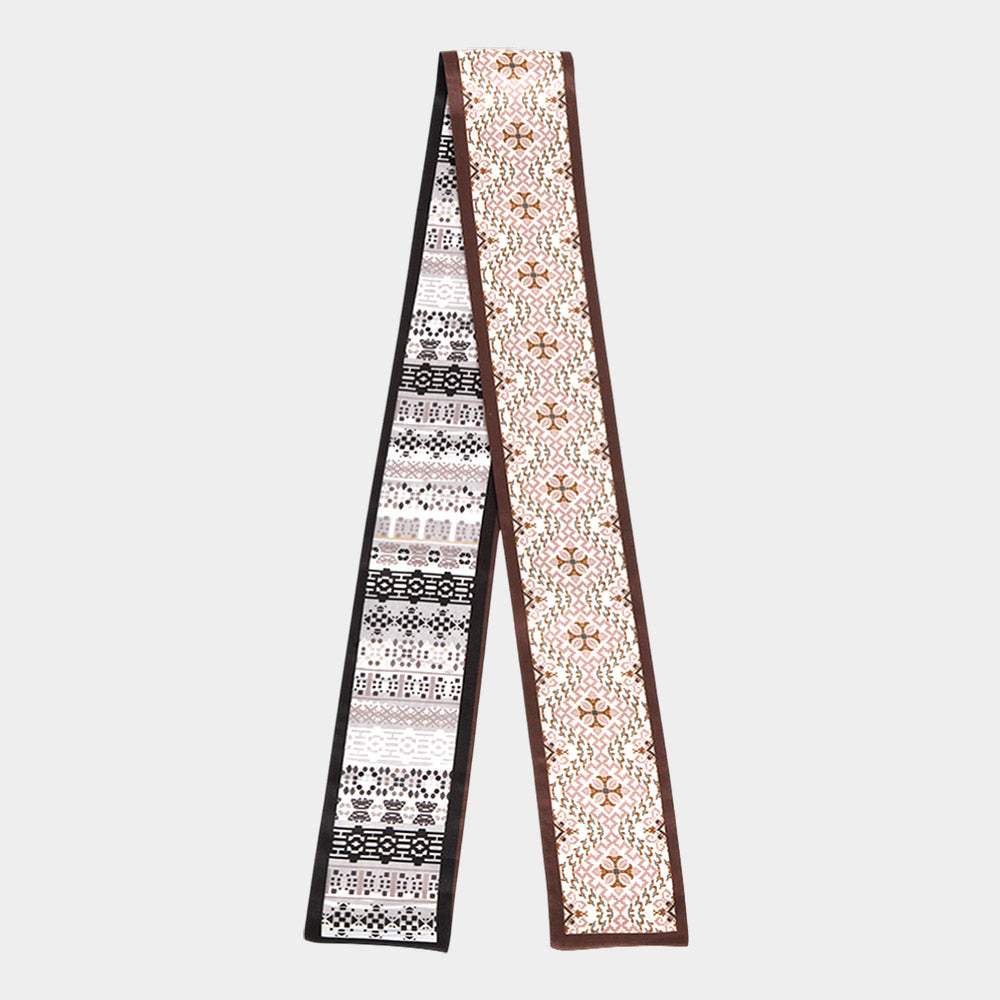 Geometric Jacquard Pattern Print Silk Feel Twilly Skinny Scarf - Madeline Love - Flyclothing LLC