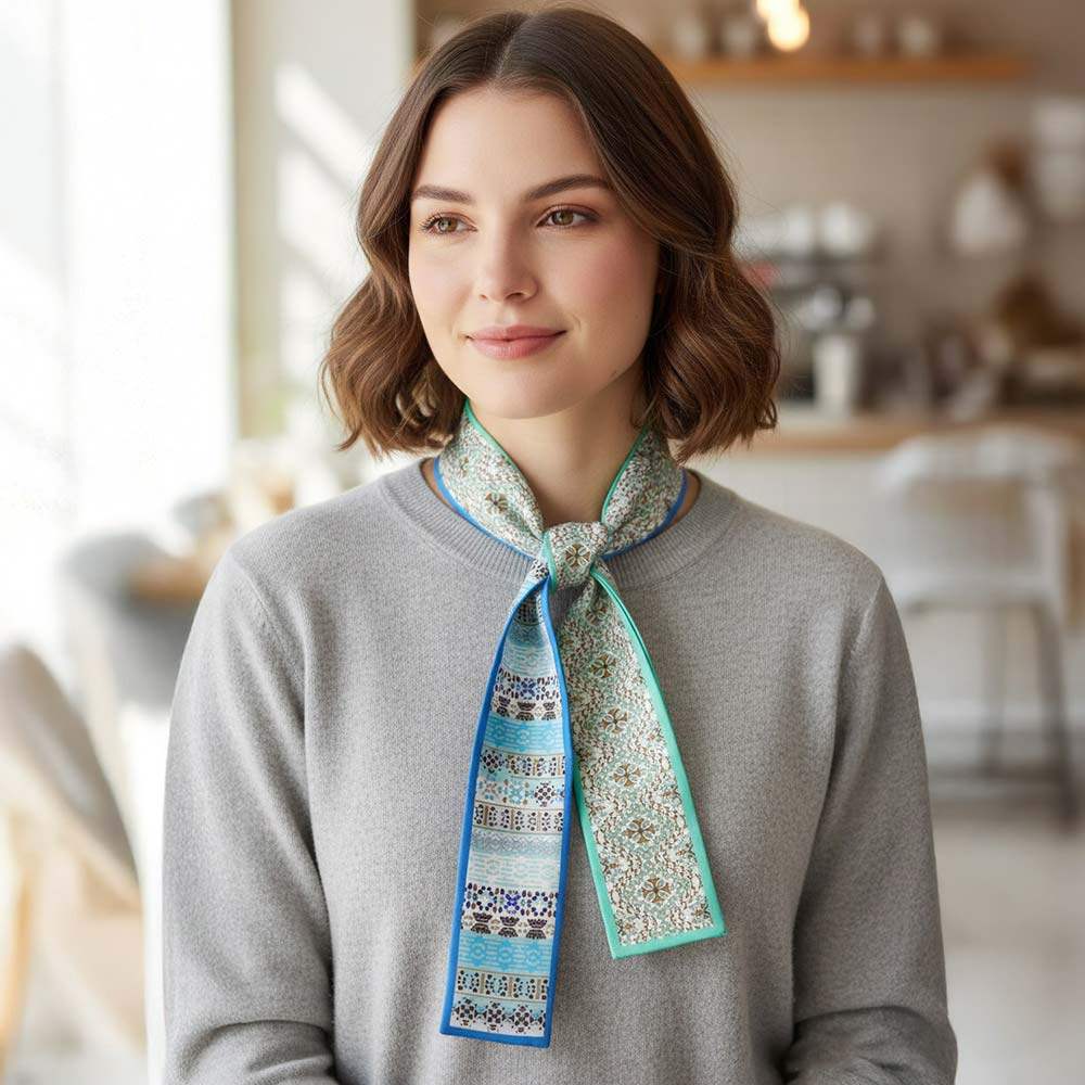 Geometric Jacquard Pattern Print Silk Feel Twilly Skinny Scarf - Madeline Love - Flyclothing LLC