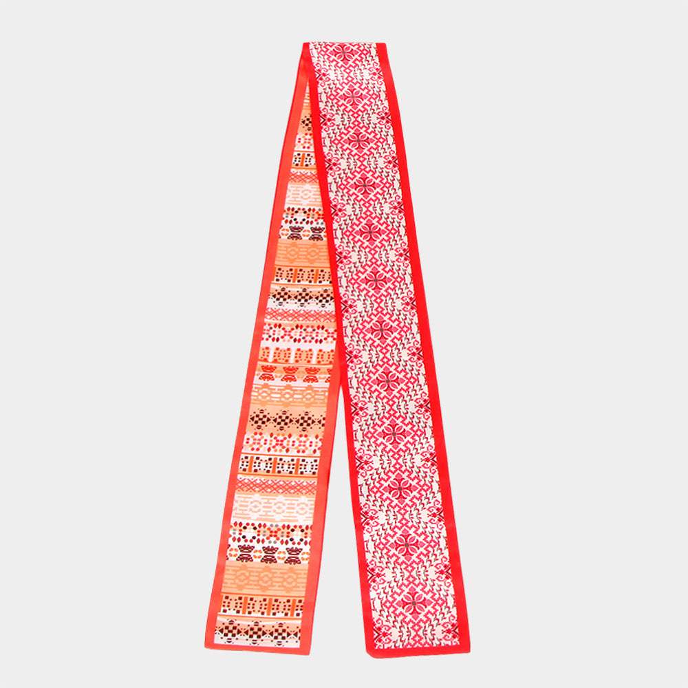 Geometric Jacquard Pattern Print Silk Feel Twilly Skinny Scarf - Madeline Love - Flyclothing LLC