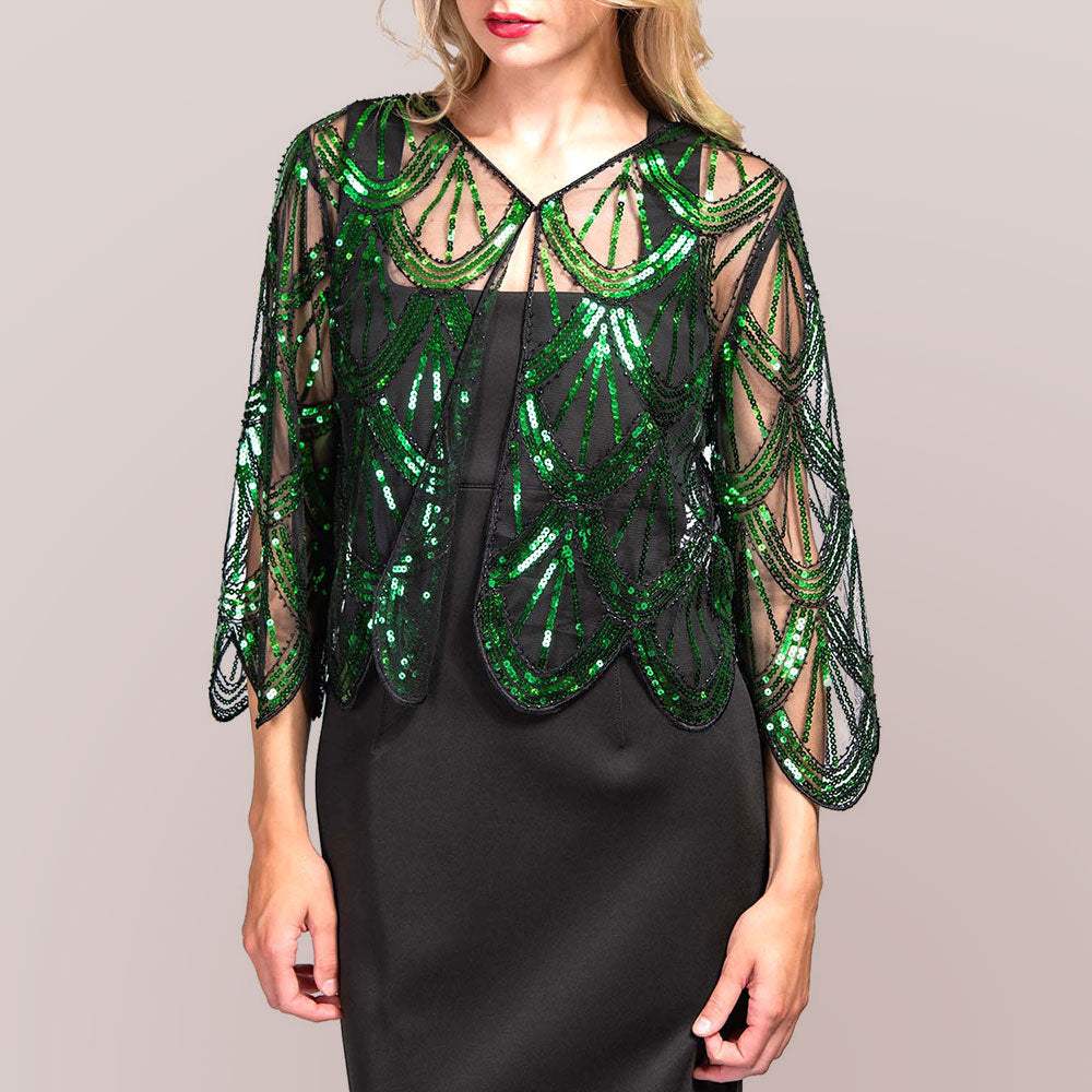 Sequin Beaded Retro Style Cropped 3/4 Sleeves Vintage Shawl Cardigan - Madeline Love - Flyclothing LLC