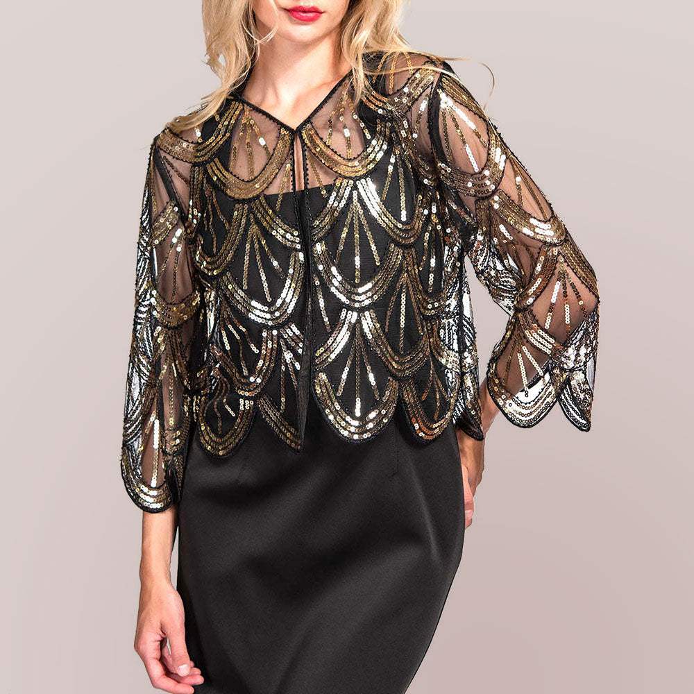 Sequin Beaded Retro Style Cropped 3/4 Sleeves Vintage Shawl Cardigan - Madeline Love - Flyclothing LLC