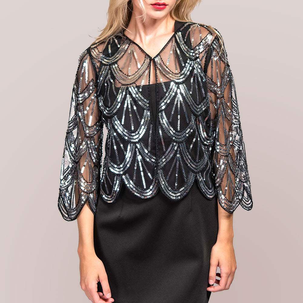Sequin Beaded Retro Style Cropped 3/4 Sleeves Vintage Shawl Cardigan - Madeline Love - Flyclothing LLC