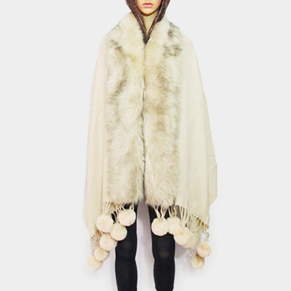 Faux Fur Trim Pom Pom Dangle Poncho - Madeline Love - Flyclothing LLC