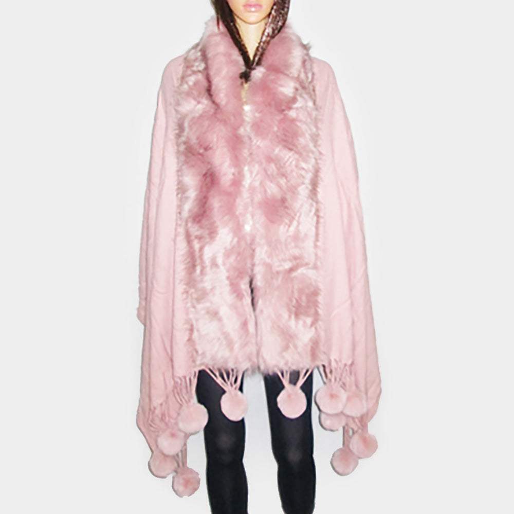 Faux Fur Trim Pom Pom Dangle Poncho - Madeline Love - Flyclothing LLC