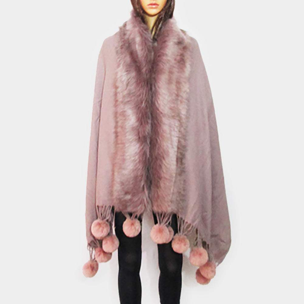 Faux Fur Trim Pom Pom Dangle Poncho - Madeline Love - Flyclothing LLC