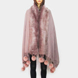 Faux Fur Trim Pom Pom Dangle Poncho - Madeline Love - Flyclothing LLC