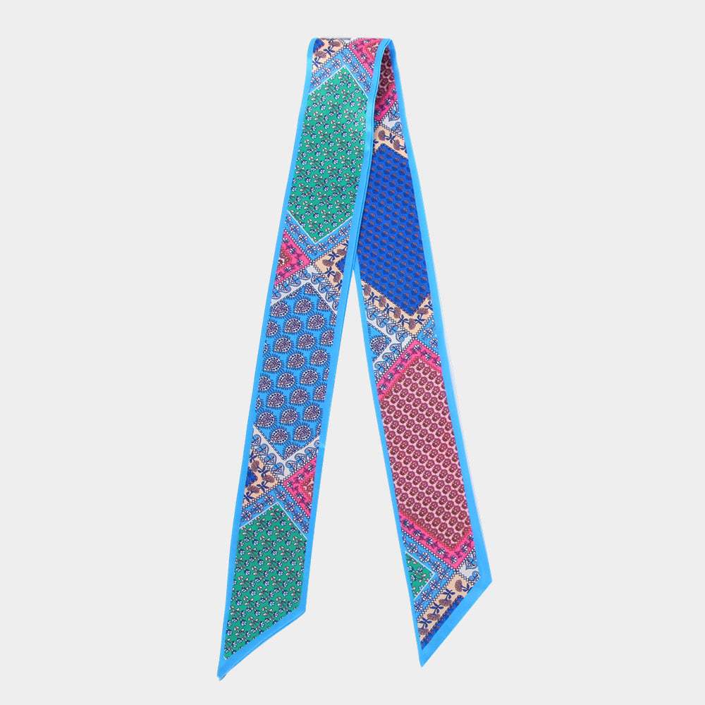 Patchwork Print Silk Feel Twilly Skinny Scarf - Madeline Love - Flyclothing LLC