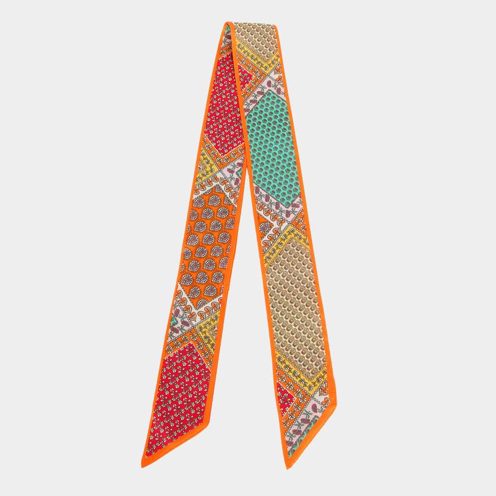 Patchwork Print Silk Feel Twilly Skinny Scarf - Madeline Love - Flyclothing LLC