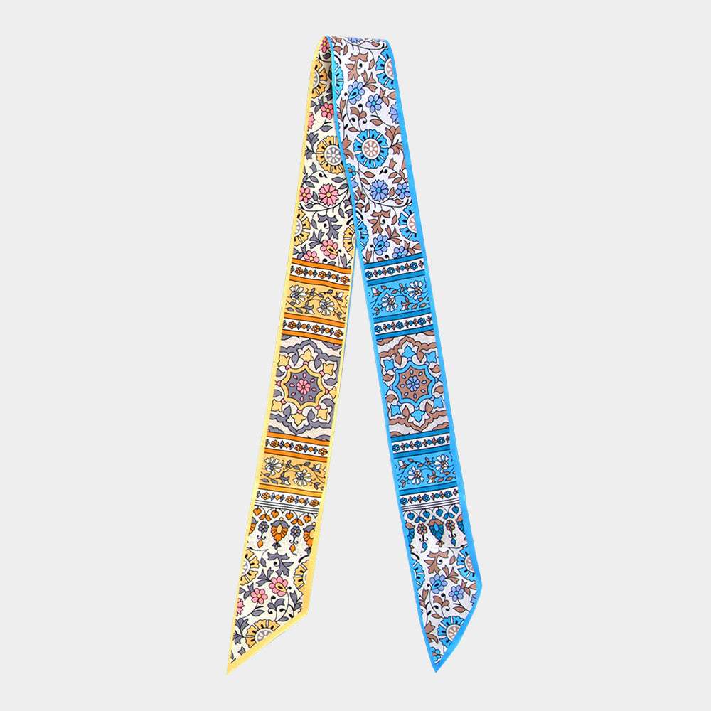 Vintage Floral Medallion Allover Print Silk Feel Twilly Skinny Scarf - Madeline Love - Flyclothing LLC