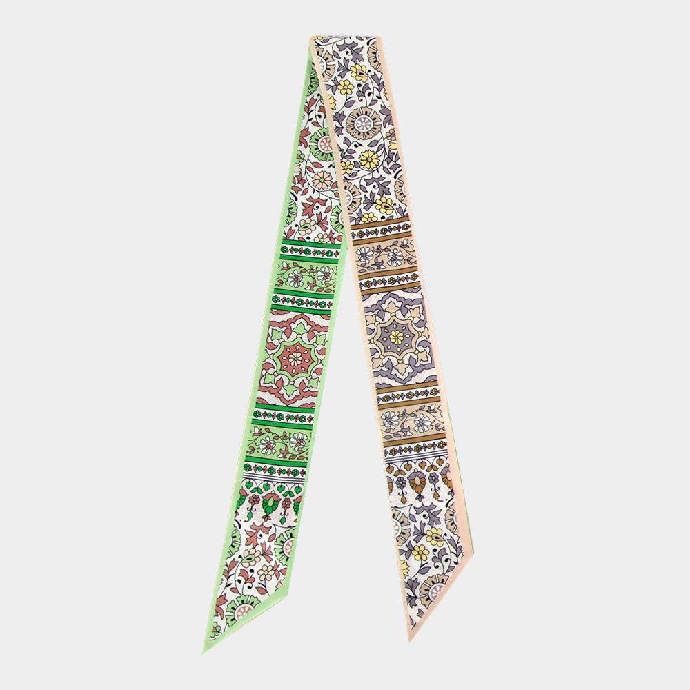 Vintage Floral Medallion Allover Print Silk Feel Twilly Skinny Scarf - Madeline Love - Flyclothing LLC