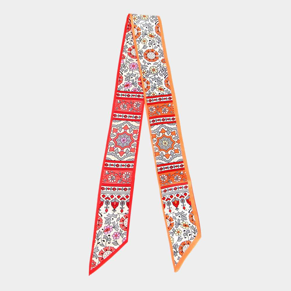 Vintage Floral Medallion Allover Print Silk Feel Twilly Skinny Scarf - Madeline Love - Flyclothing LLC
