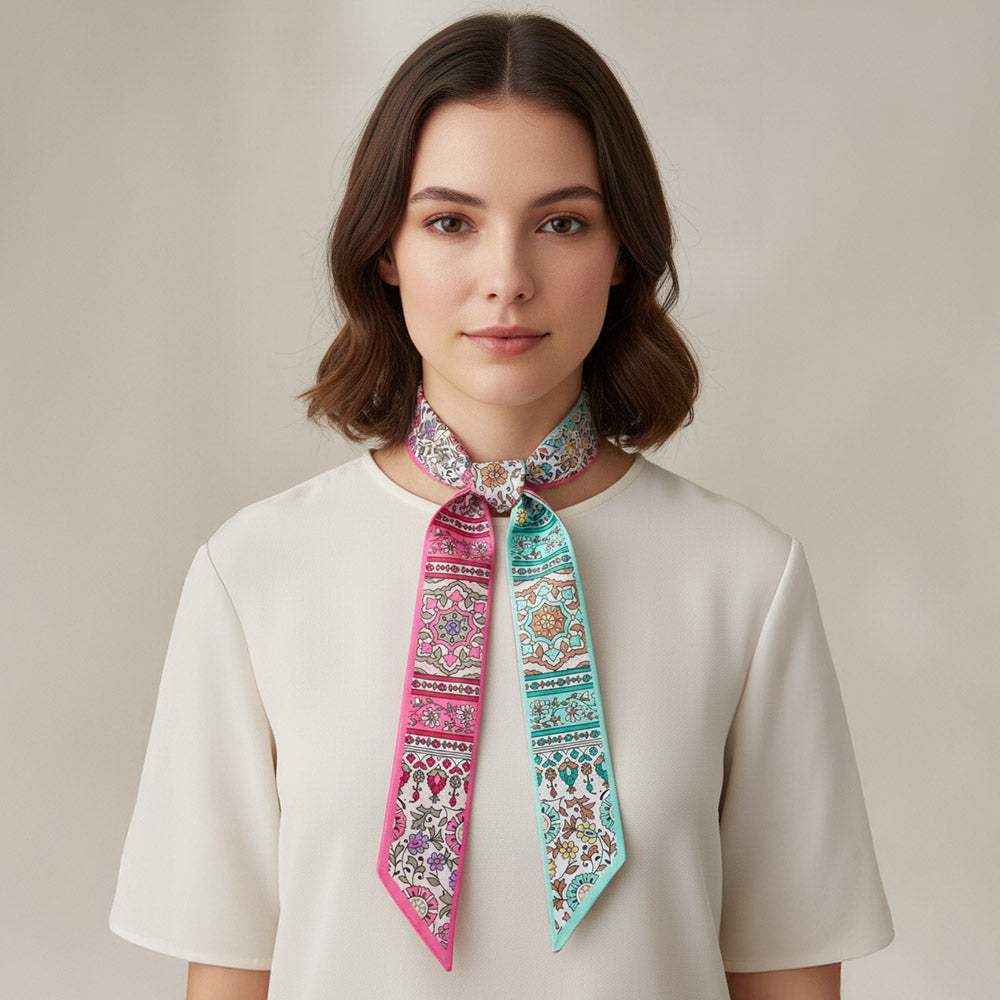 Vintage Floral Medallion Allover Print Silk Feel Twilly Skinny Scarf - Madeline Love - Flyclothing LLC