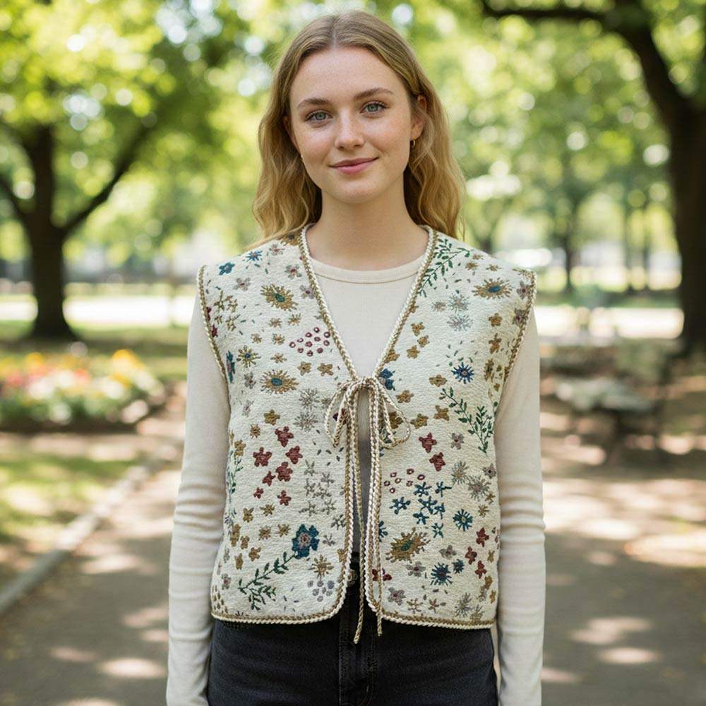 Vintage Floral Tapestry Tie Front Vest - Madeline Love - Flyclothing LLC