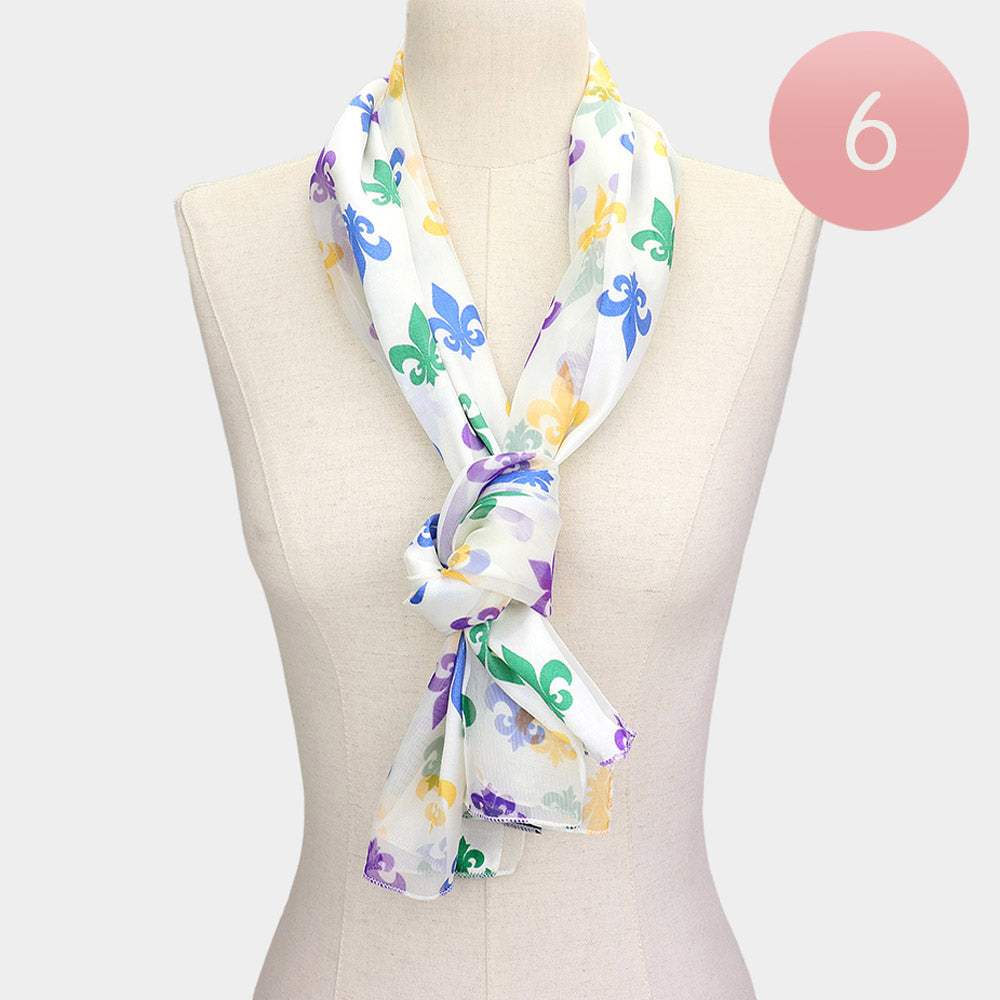 6PCS - Silk Feel Satin Mardi Gras Fleur de Lis Patterned Scarf - Madeline Love - Flyclothing LLC