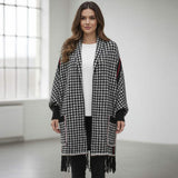 Open Front Houndstooth Fringe Knit Poncho - Madeline Love - Flyclothing LLC