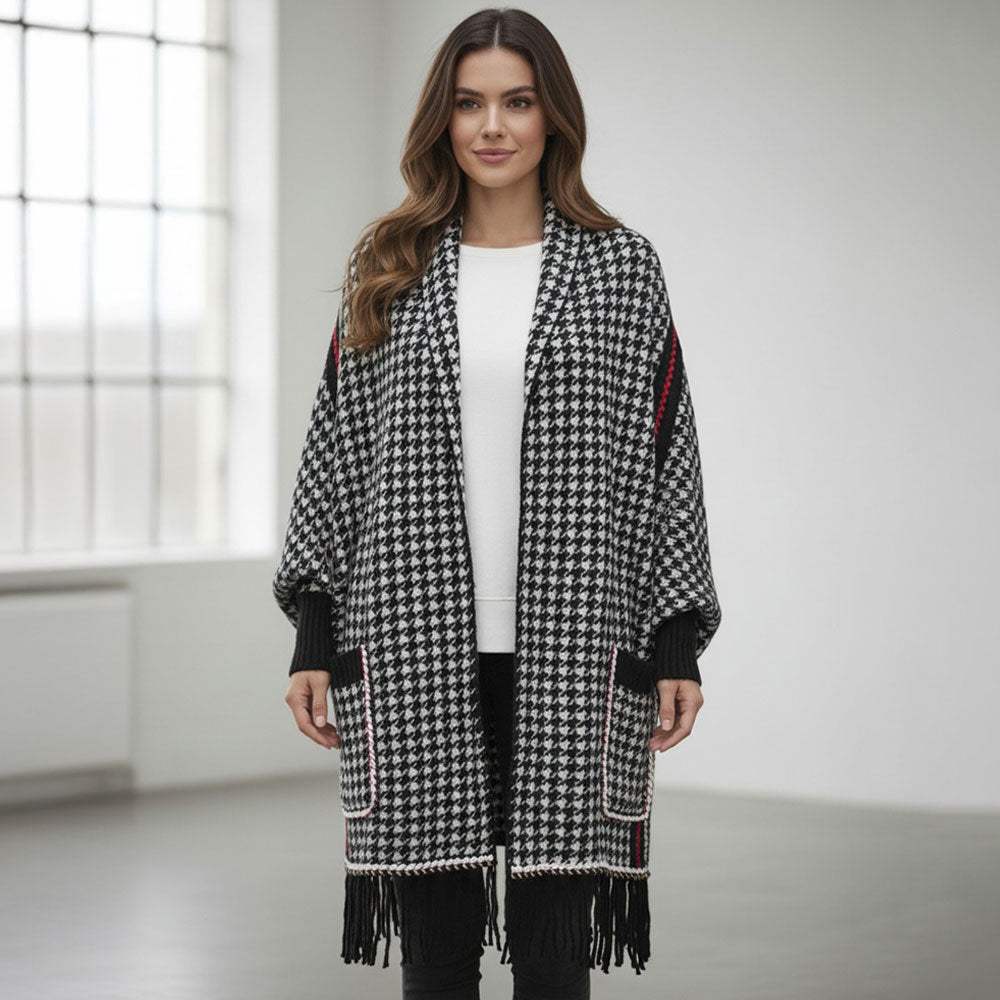 Open Front Houndstooth Fringe Knit Poncho - Madeline Love - Flyclothing LLC