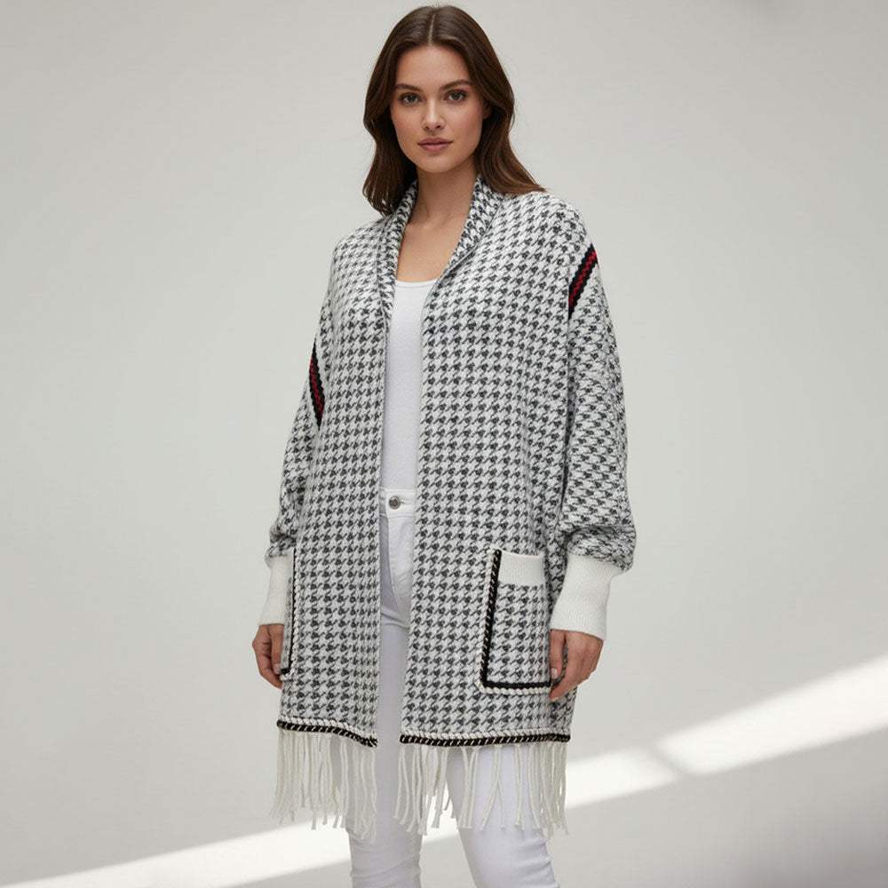 Open Front Houndstooth Fringe Knit Poncho - Madeline Love - Flyclothing LLC