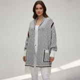 Open Front Houndstooth Fringe Knit Poncho - Madeline Love - Flyclothing LLC