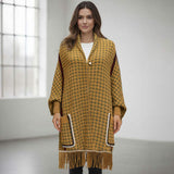 Open Front Houndstooth Fringe Knit Poncho - Madeline Love - Flyclothing LLC
