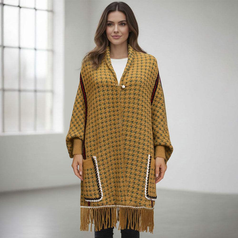 Open Front Houndstooth Fringe Knit Poncho - Madeline Love - Flyclothing LLC