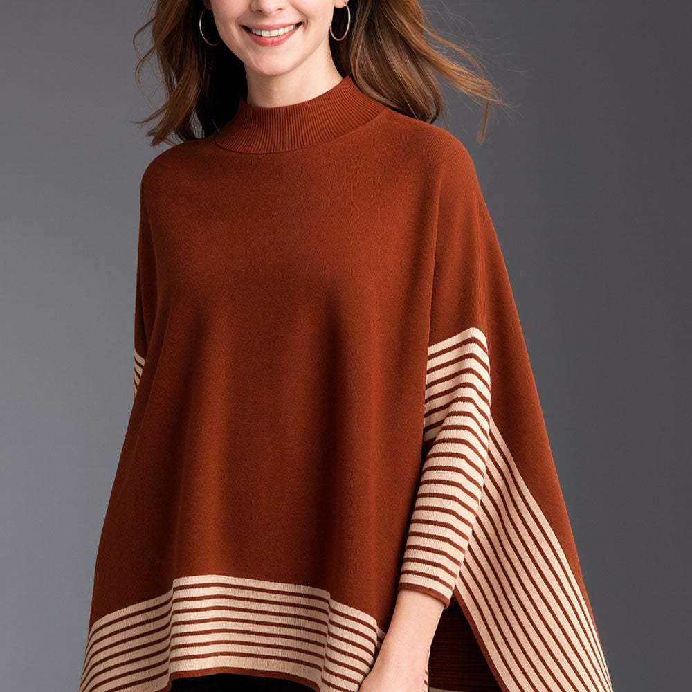 Striped Hem Mock Neck Asymmetrical Poncho - Madeline Love - Flyclothing LLC