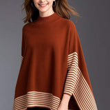 Striped Hem Mock Neck Asymmetrical Poncho - Madeline Love - Flyclothing LLC