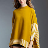 Striped Hem Mock Neck Asymmetrical Poncho - Madeline Love - Flyclothing LLC