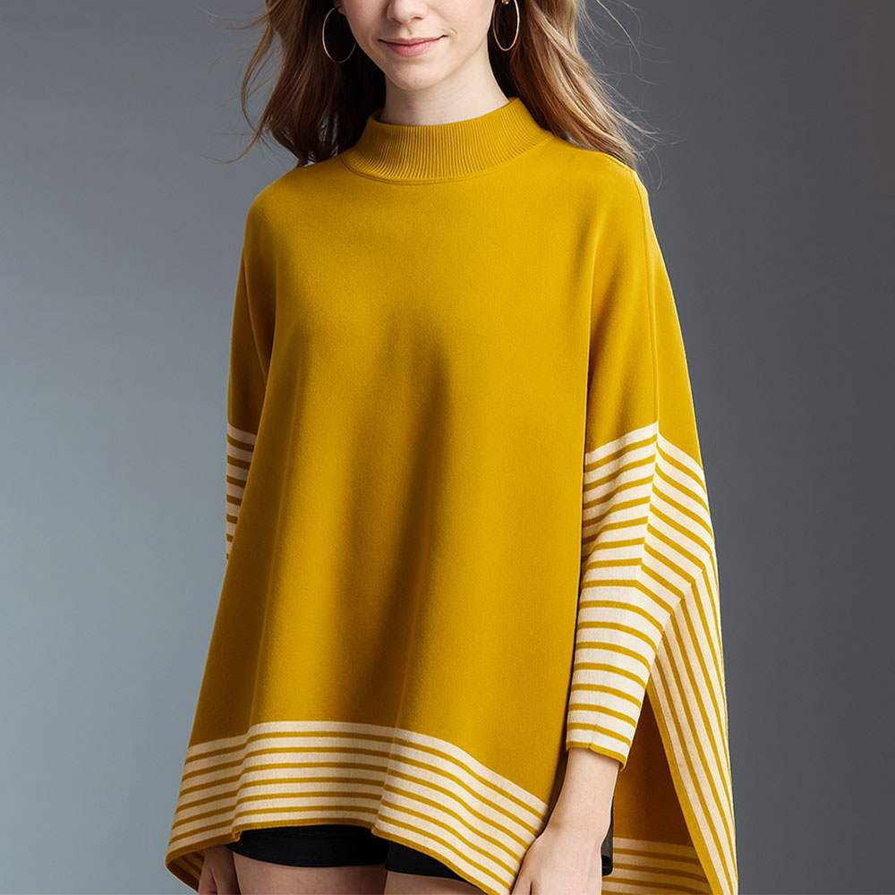 Striped Hem Mock Neck Asymmetrical Poncho - Madeline Love - Flyclothing LLC