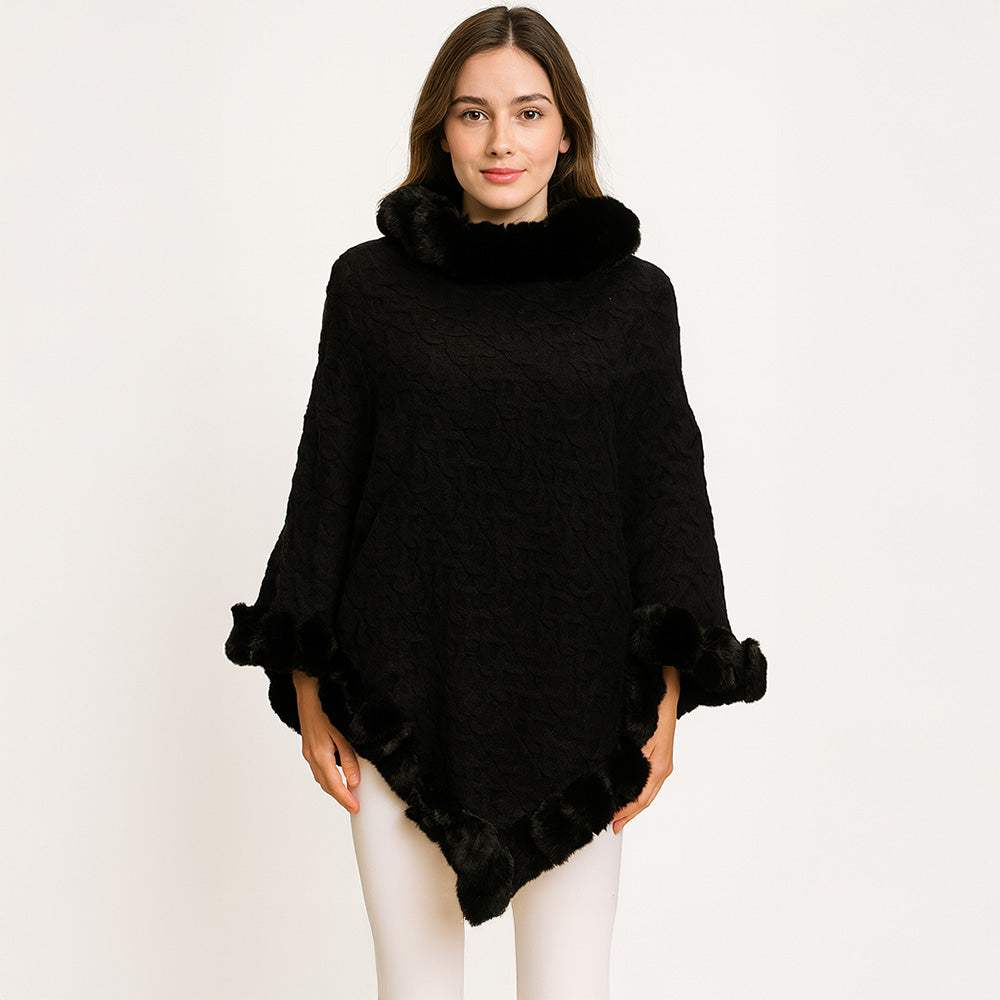 Textured Faux Fur Trim Cape Poncho - Madeline Love - Flyclothing LLC