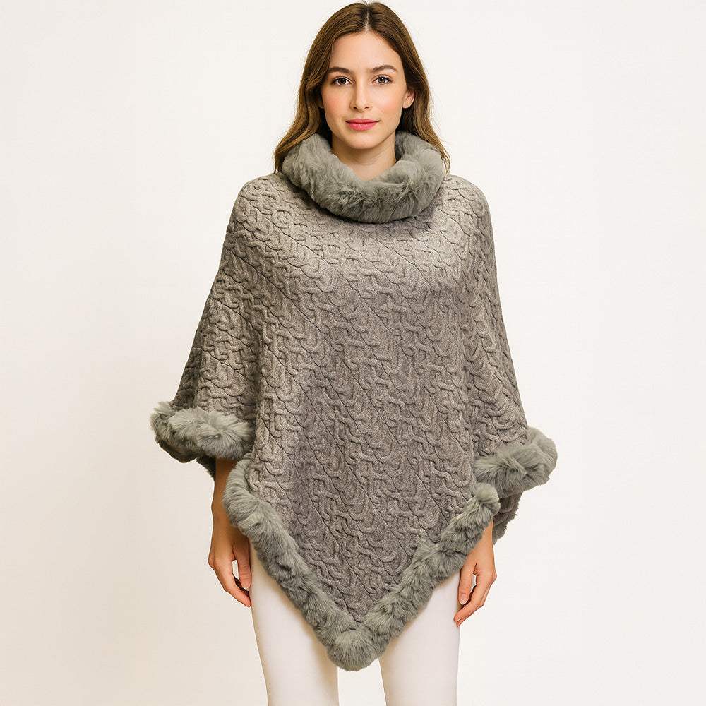 Textured Faux Fur Trim Cape Poncho - Madeline Love - Flyclothing LLC