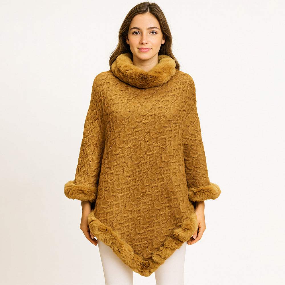 Textured Faux Fur Trim Cape Poncho - Madeline Love - Flyclothing LLC