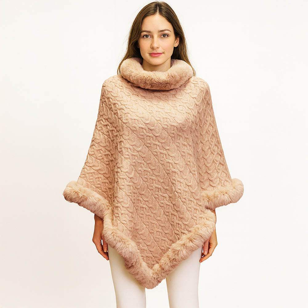 Textured Faux Fur Trim Cape Poncho - Madeline Love - Flyclothing LLC