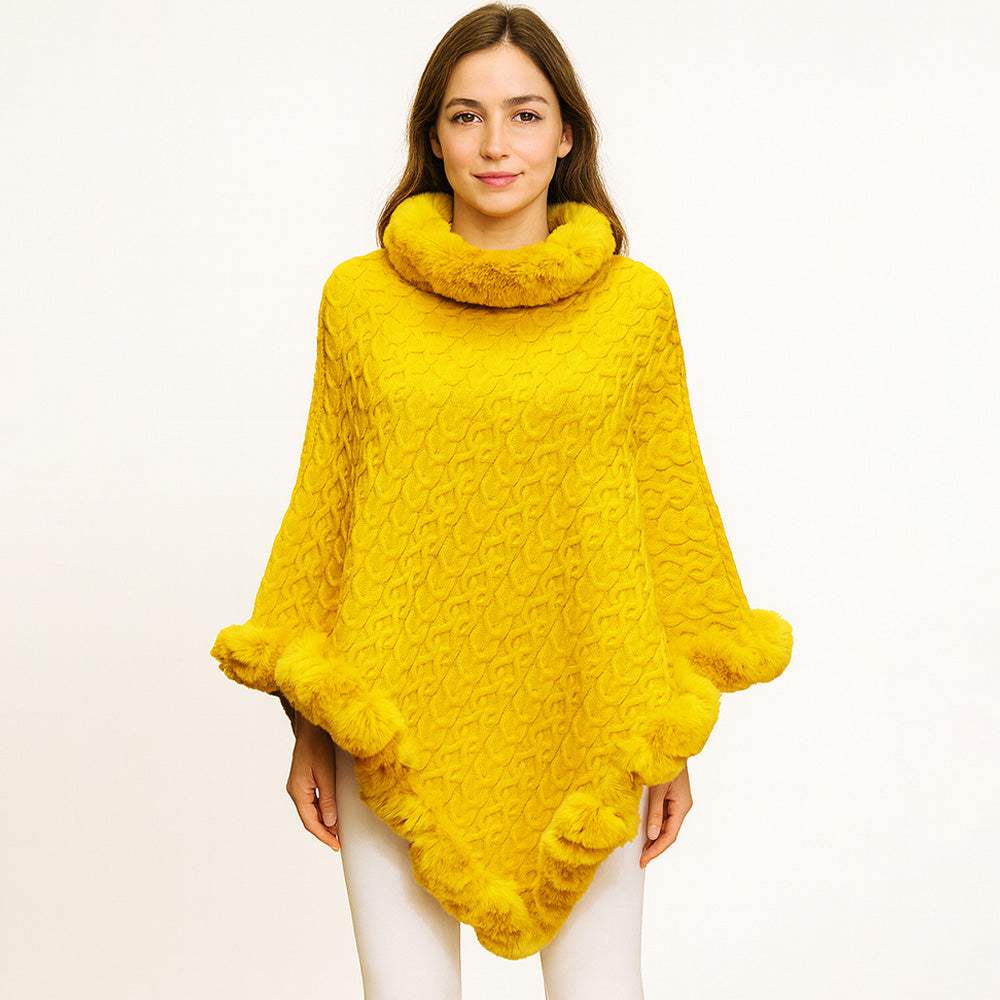 Textured Faux Fur Trim Cape Poncho - Madeline Love - Flyclothing LLC