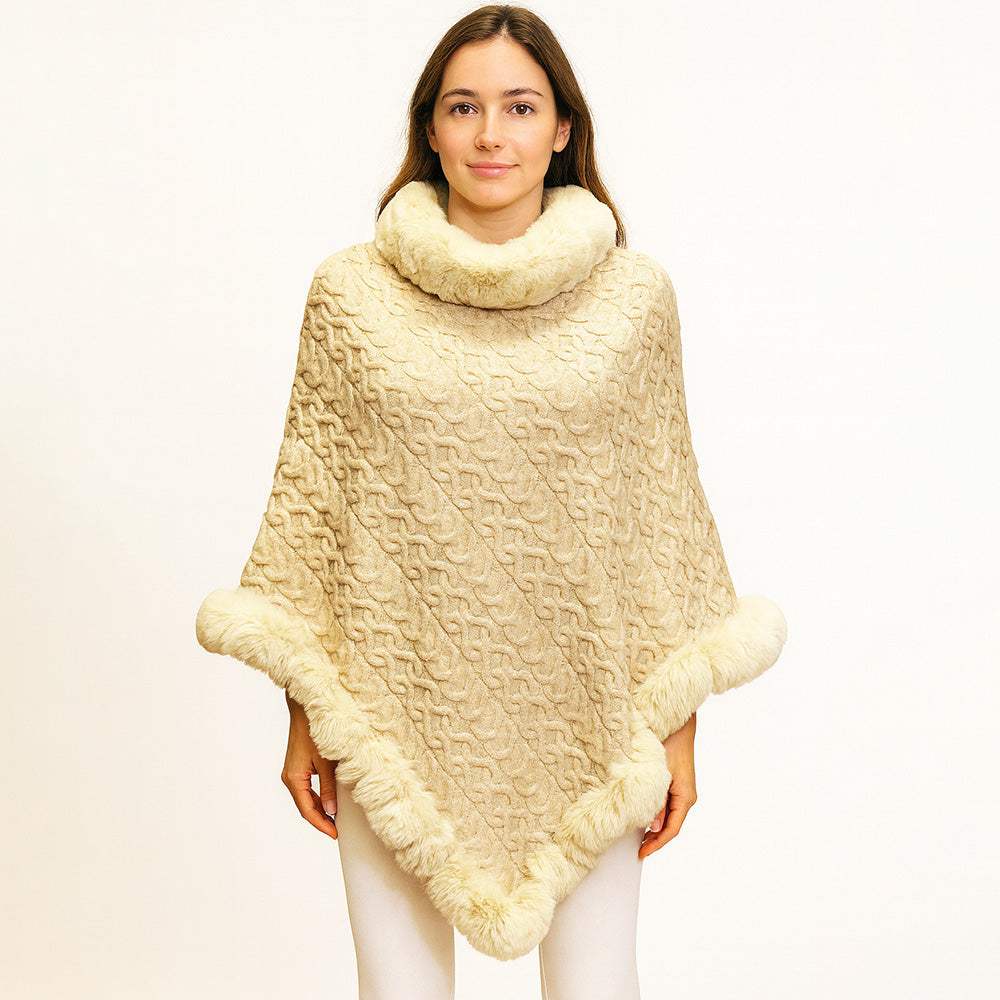 Textured Faux Fur Trim Cape Poncho - Madeline Love - Flyclothing LLC