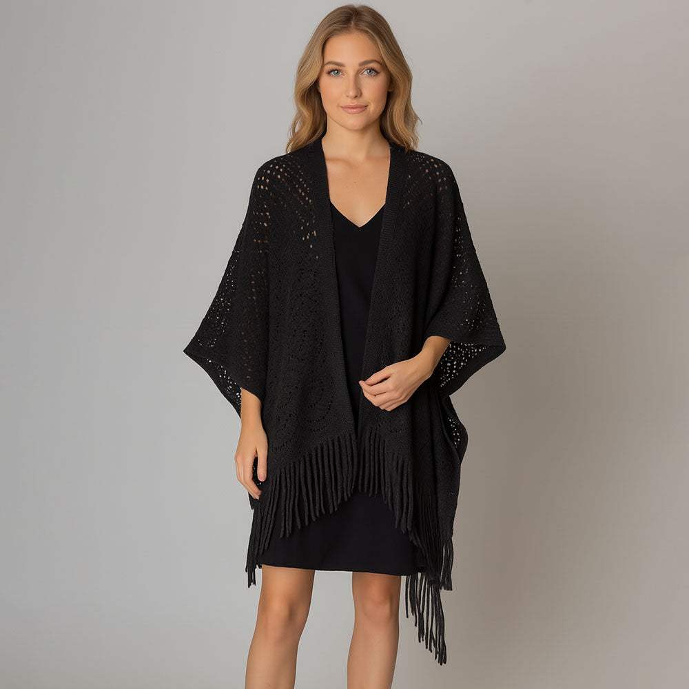 Fringe Open Knit Crochet Draped Shawl Wrap Ruana Poncho - Madeline Love - Flyclothing LLC