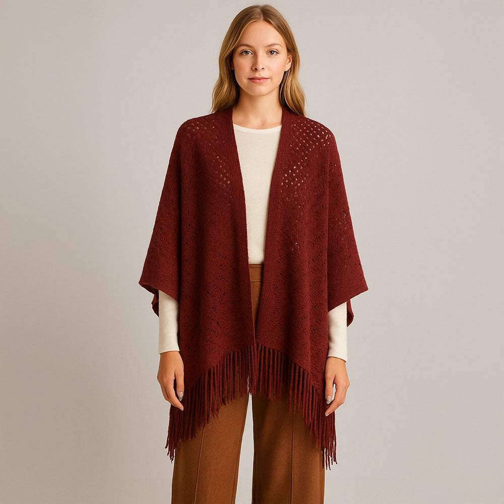 Fringe Open Knit Crochet Draped Shawl Wrap Ruana Poncho - Madeline Love - Flyclothing LLC
