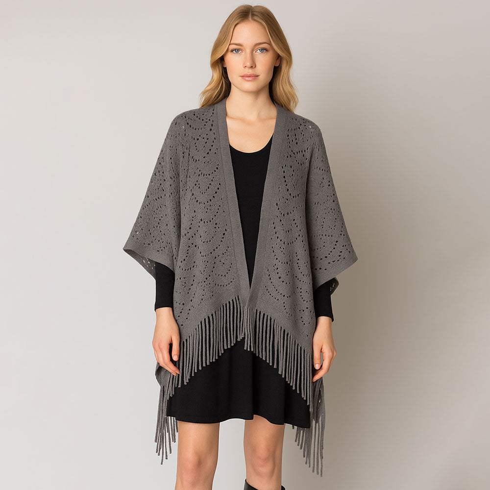 Fringe Open Knit Crochet Draped Shawl Wrap Ruana Poncho - Madeline Love - Flyclothing LLC