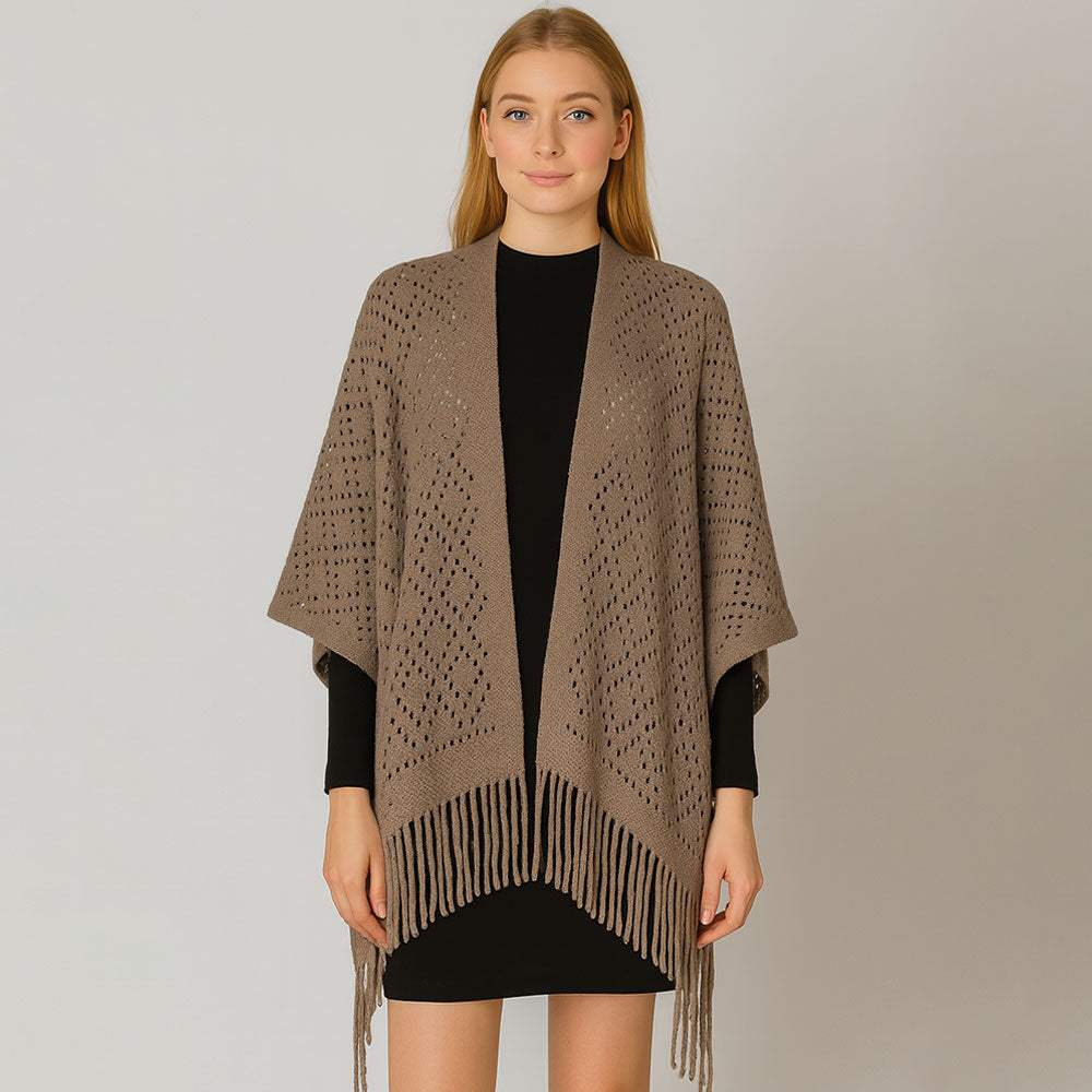 Fringe Open Knit Crochet Draped Shawl Wrap Ruana Poncho - Madeline Love - Flyclothing LLC