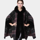 Faux Fur Trim Plaid Check Cape Coat Poncho - Madeline Love - Flyclothing LLC