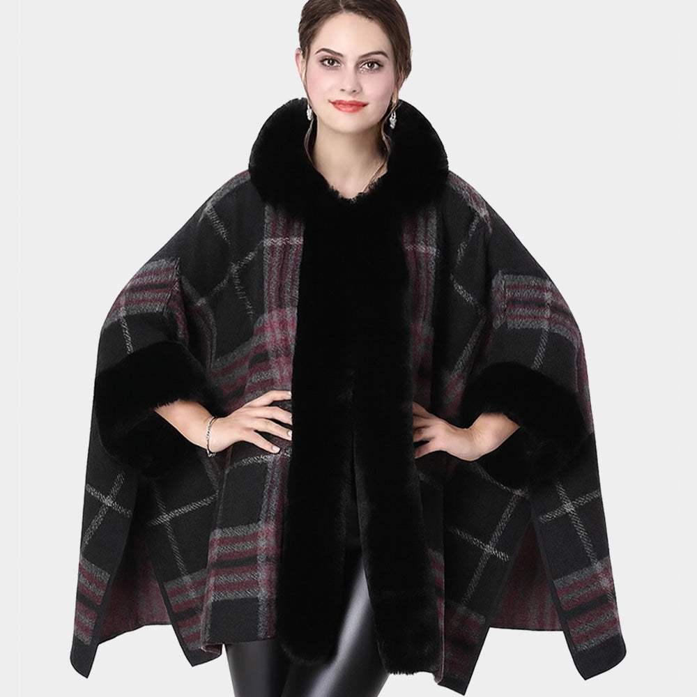 Faux Fur Trim Plaid Check Cape Coat Poncho - Madeline Love - Flyclothing LLC